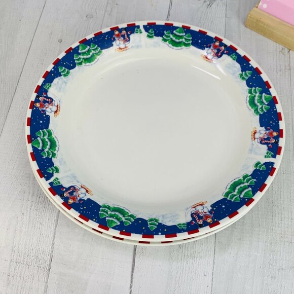 Oneida SLEIGH RIDE  Red Checks Trees Stoneware Christmas Dinner Plates Set of 3 - Picture 4 of 9